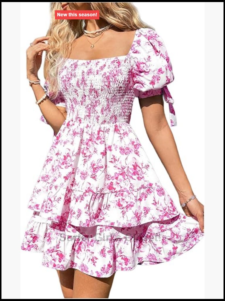 Women's Floral Puff Sleeve Square Neck Shirred Tiered Dress